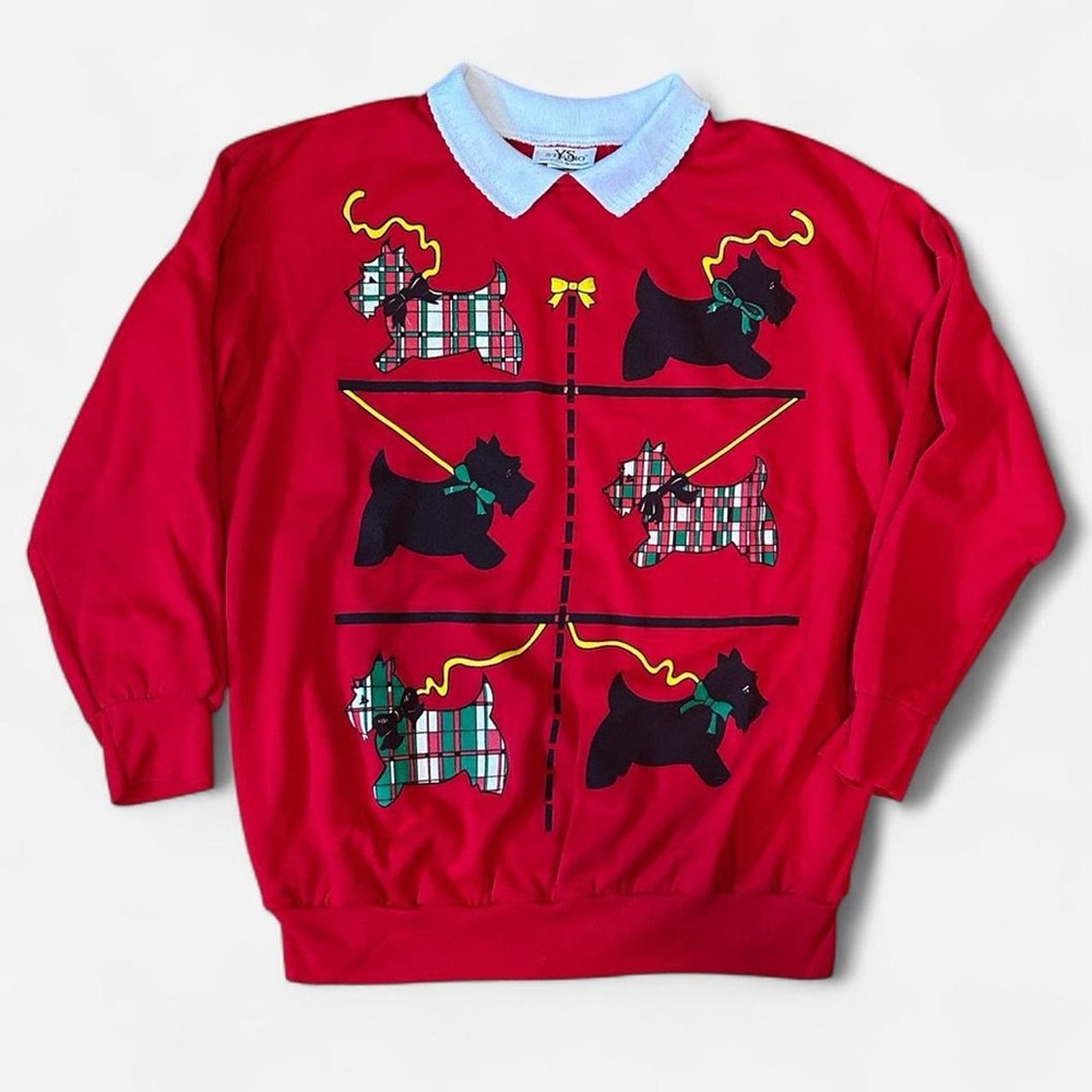 Red Vintage 90s Scottish Terrier Dog Collared Crewneck Sweatshirt Size 1X